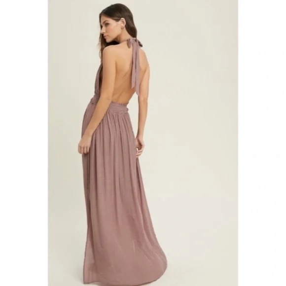 SOLD OUT Dark Mauve Solid Halter Smocked Waist Maxi Casual Boho Dress w/ Side - Picture 2 of 3
